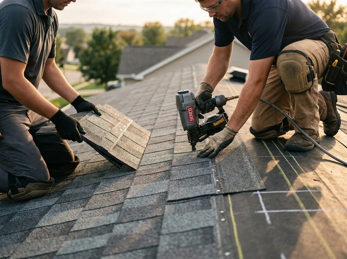 Professional roofer working on a residential roof in Terrell Hills